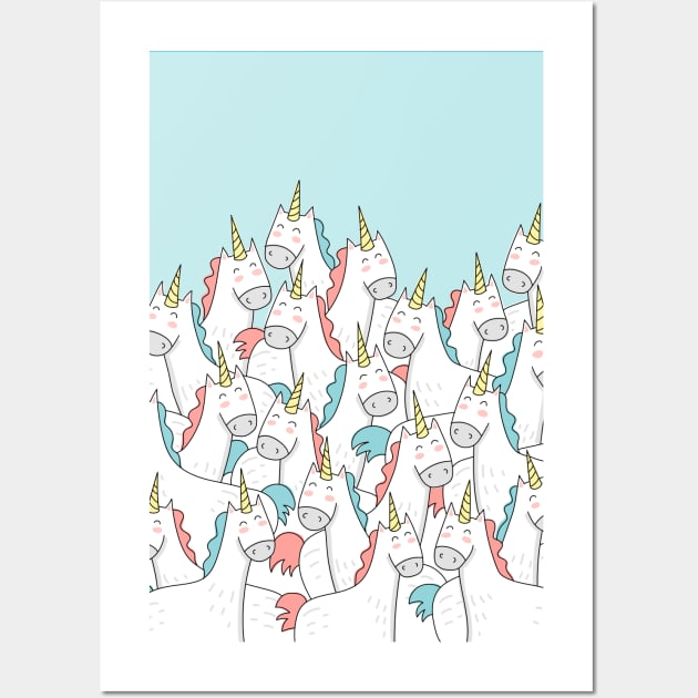 Unicorn Party - Blue Wall Art by HappyCatPrints